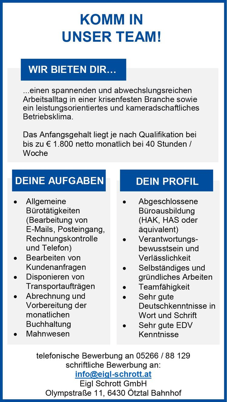 Büro-Job in Ötztal-Bahnhof