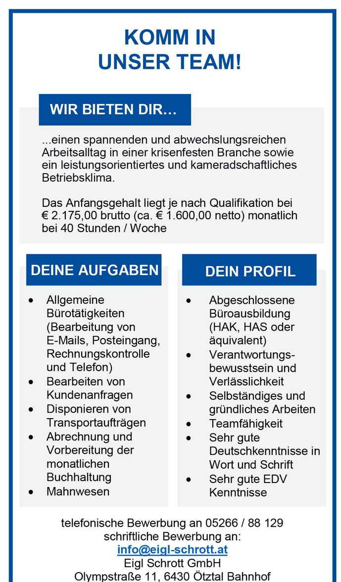 Büro-Job in Ötztal-Bahnhof